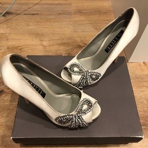 Vera Wang Satin Ivory Peep Toe Crystal Pumps